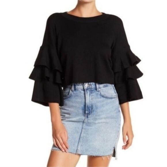Elodie NWOT Black Cropped Tiered Ruffle 3/4 Sleeve Boxy Knit Sweater L - Picture 2 of 16